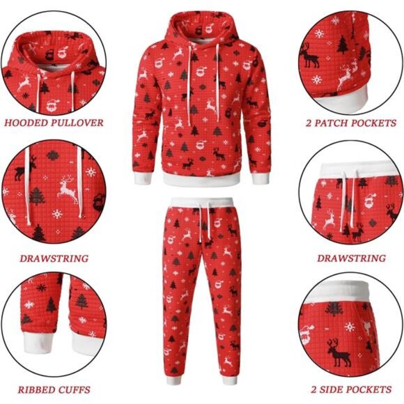 Men's Red Waffle Hoodies Sweatsuits 2PC Tracksuit Christmas Casual Jogging Set - Picture 6 of 6